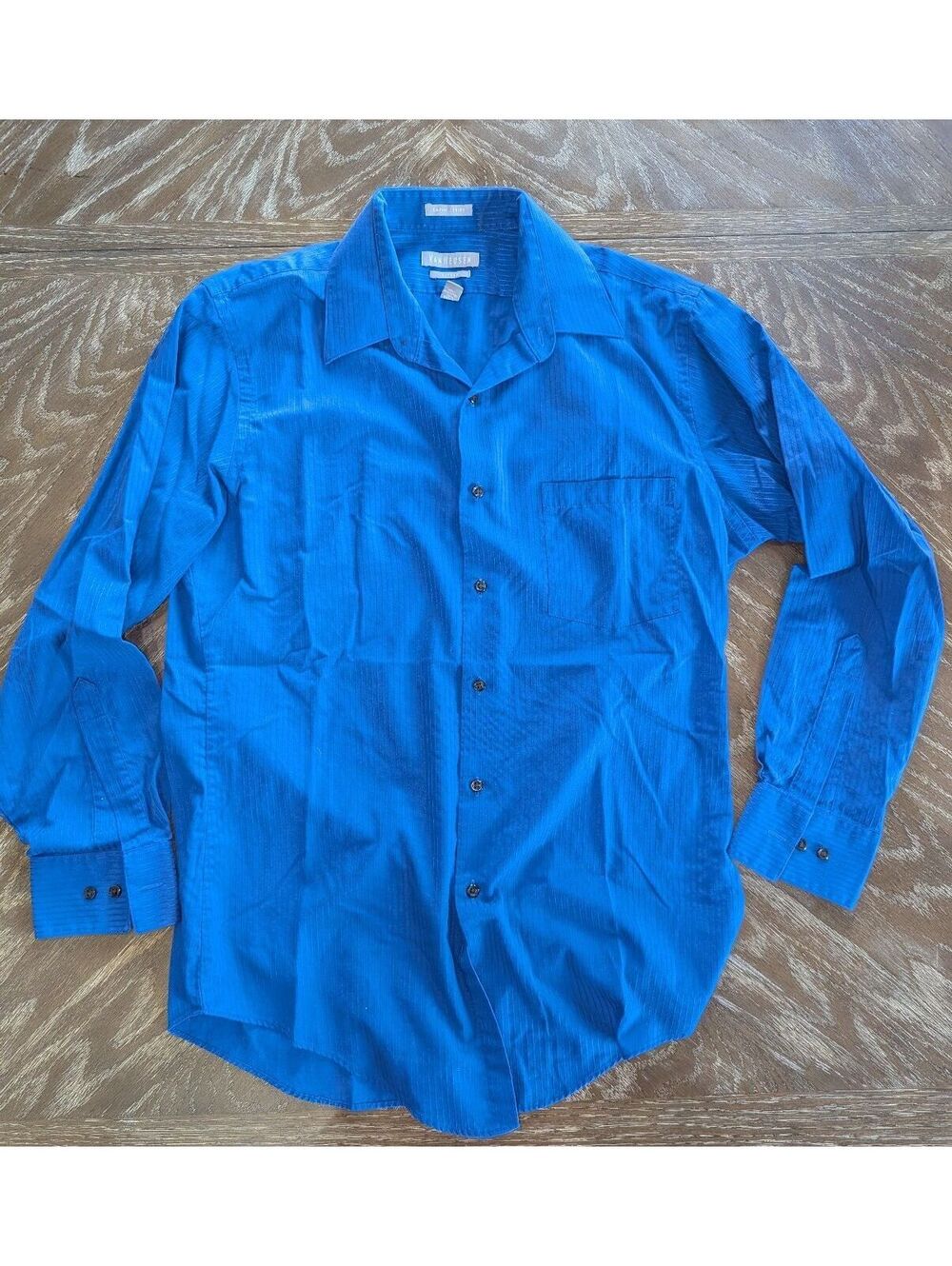 Cobalt Blue Van Heusen Satin Stripe Button Up Dress Shirt 32/33 15.5